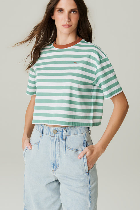 T-SHIRT CROPPED LISTRADA BRANCO PAPAGAIO