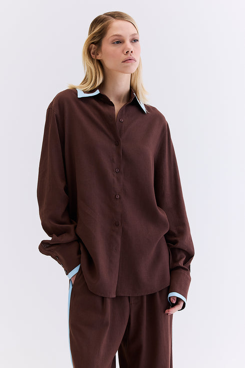 CAMISA RECORTE LINHO MARROM