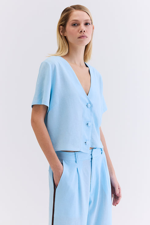 BLUSA DECOTE LINHO AZUL