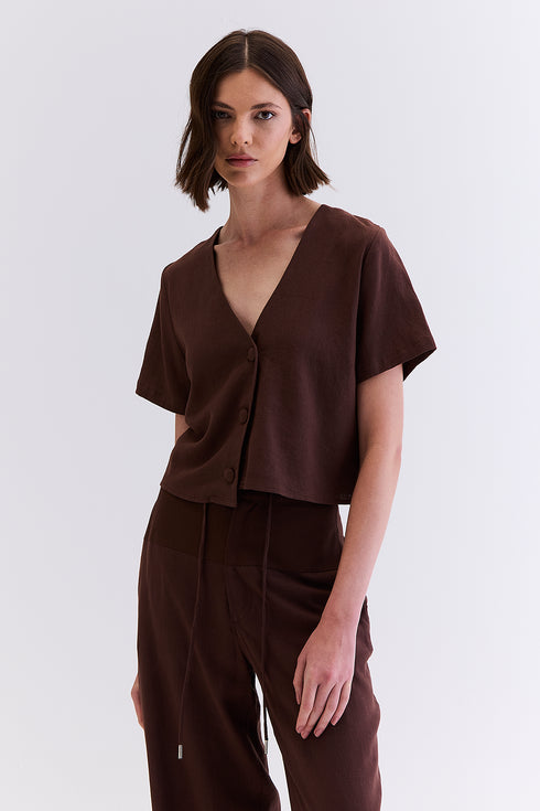 BLUSA DECOTE LINHO MARROM