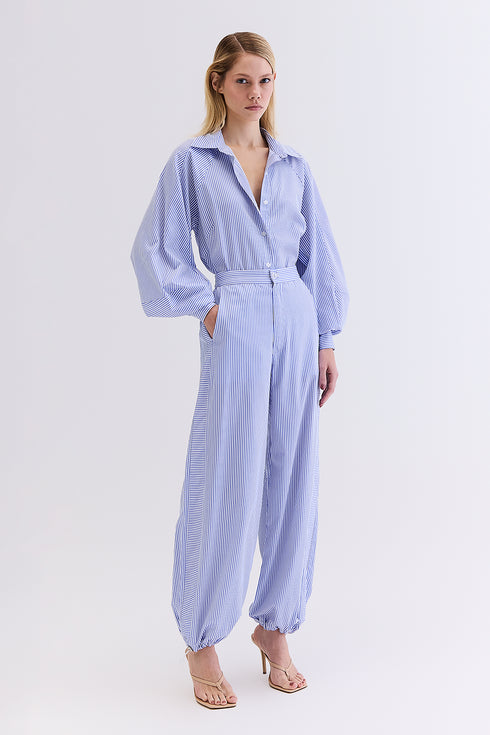 CAMISA MANGAS BUFANTES LISTRADA AZUL COM OFF