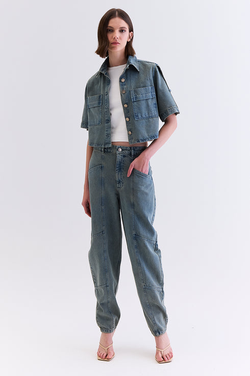 CALÇA JEANS RECORTES AZUL ESVERDEADO