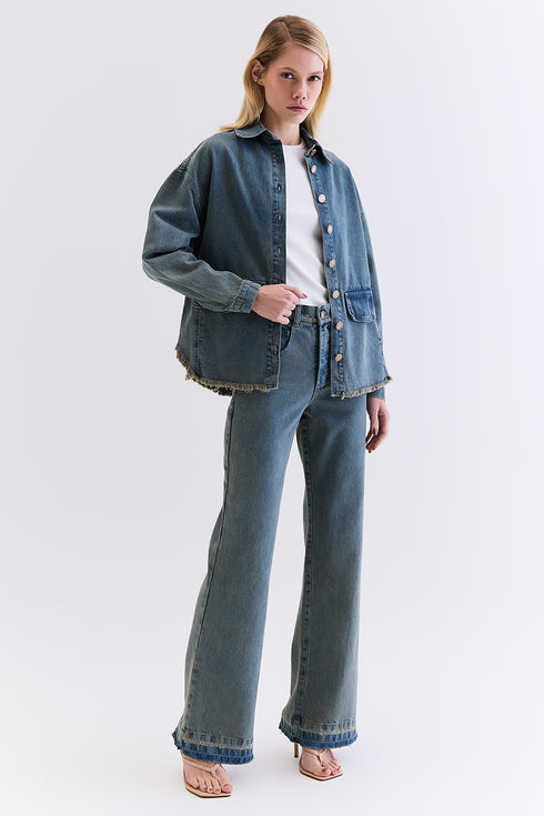 CALÇA JEANS RETA AZUL ESVERDEADO