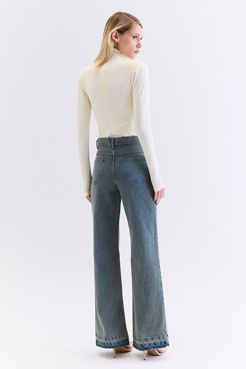 CALÇA JEANS RETA AZUL ESVERDEADO