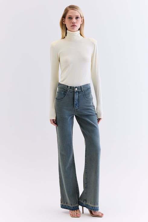 CALÇA JEANS RETA AZUL ESVERDEADO