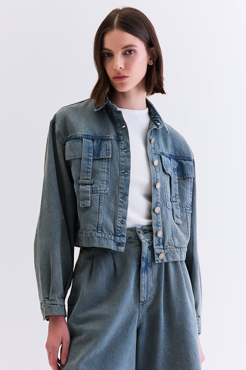 JAQUETA FAIXAS AZUL ESVERDEADO