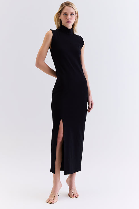 VESTIDO MIDI GOLA ALTA PRETO