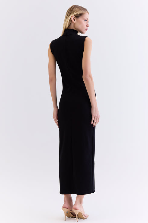 VESTIDO MIDI GOLA ALTA PRETO