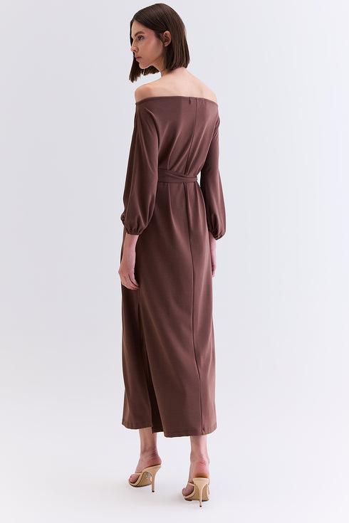VESTIDO MIDI MANGAS AMPLAS CHOCOLATE