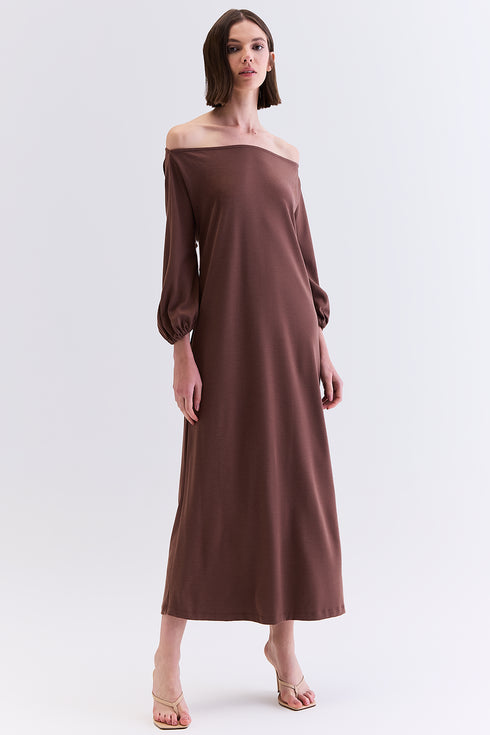 VESTIDO MIDI MANGAS AMPLAS CHOCOLATE