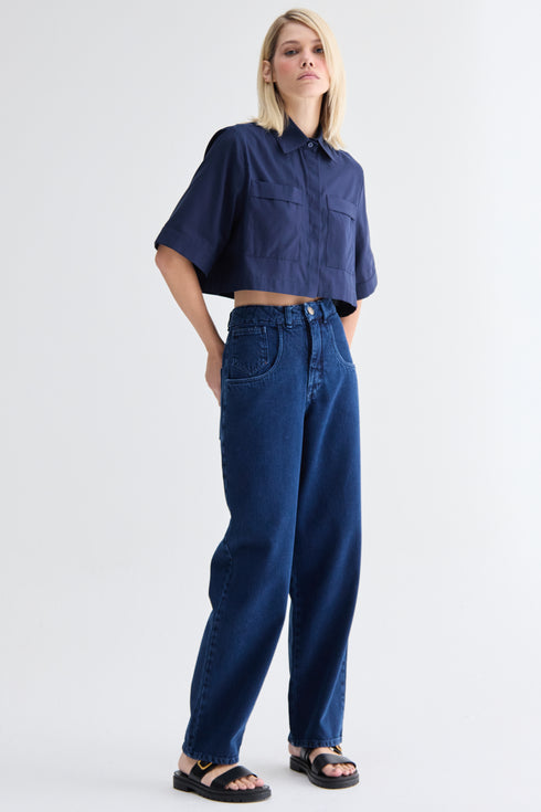 CALÇA AMPLA JEANS MARINHO