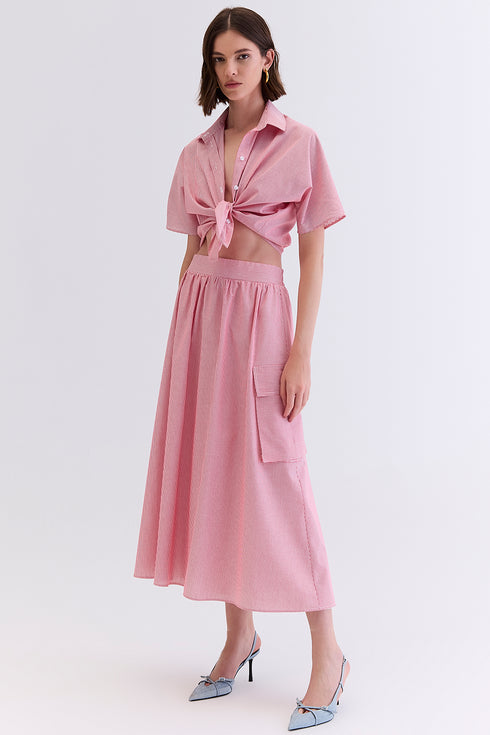 SAIA LISTRADA MIDI LONGA VERMELHA