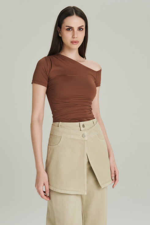 CALÇA SOBREPOSIÇÃO SAIA CAQUI