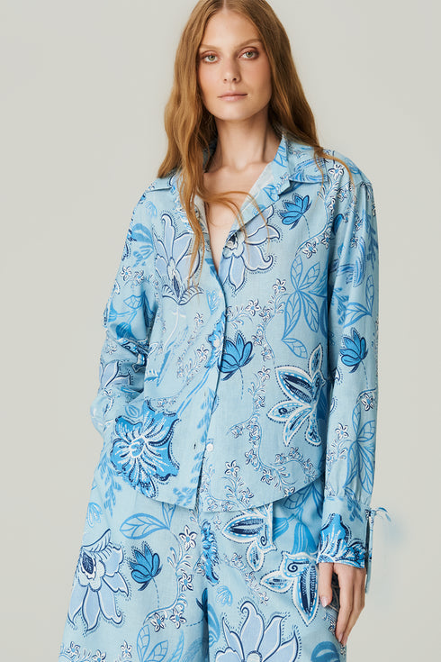 CAMISA LINHO ESTAMPADA FLORAL AZUL