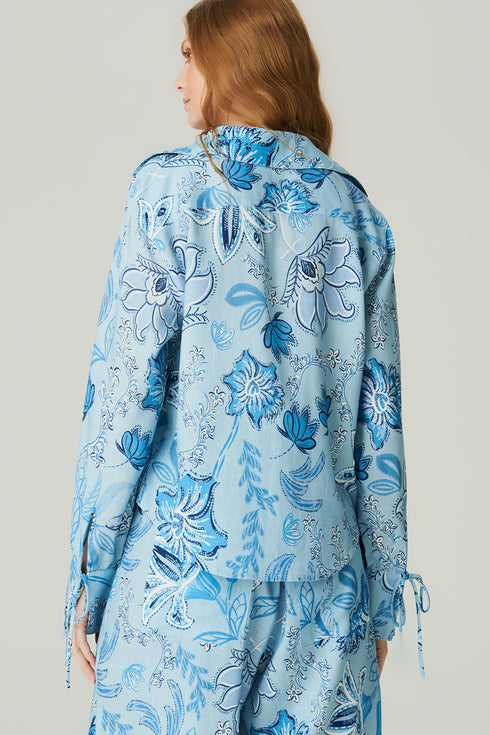 CAMISA LINHO ESTAMPADA FLORAL AZUL