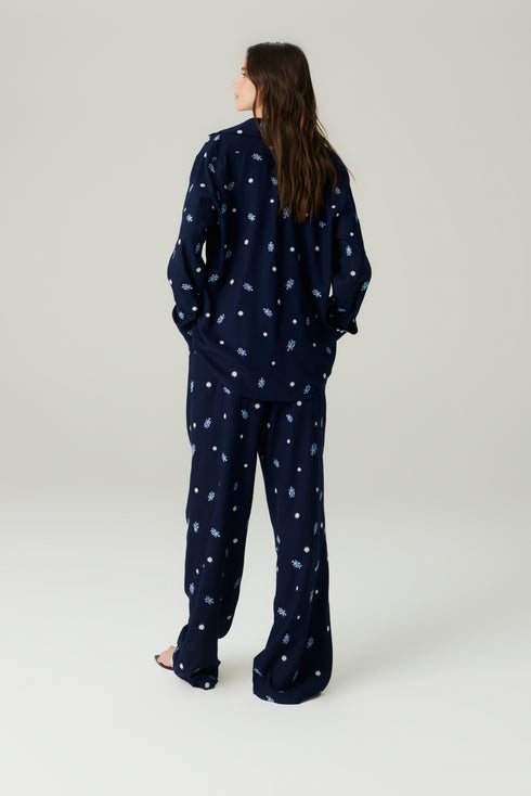 CALÇA LINHO BORDADA AZUL