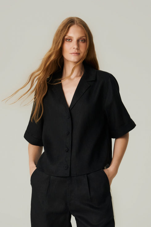 CAMISA LINHO MANGA CURTA PRETO