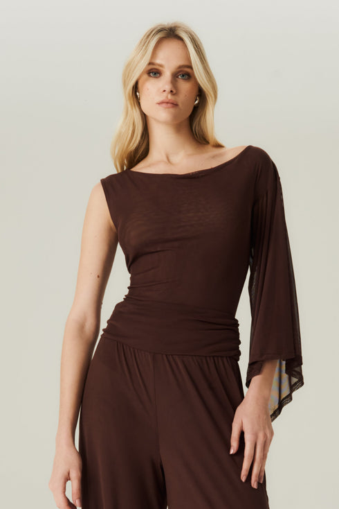 BLUSA ASSIMETRICA TULE MARROM