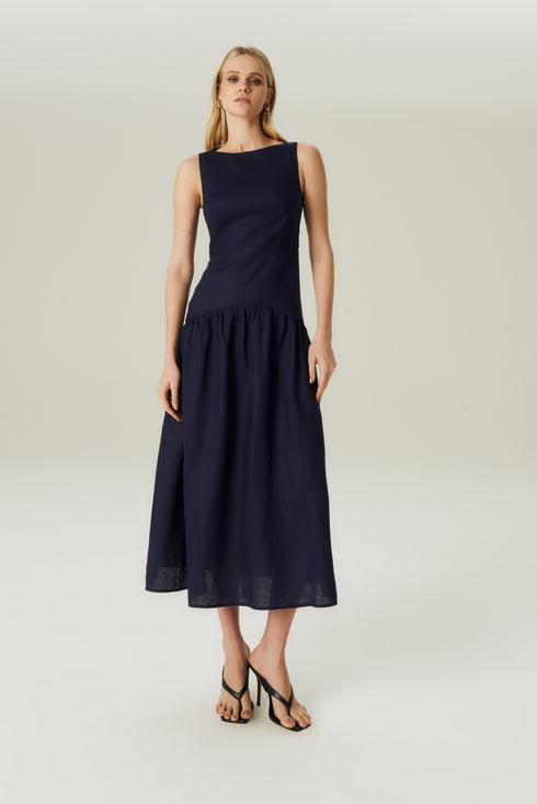 VESTIDO LINHO EVASE MARINHO