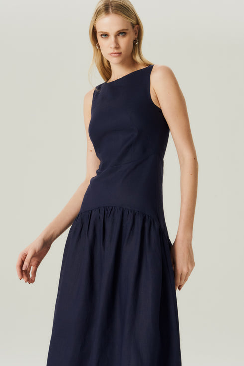 VESTIDO LINHO EVASE MARINHO
