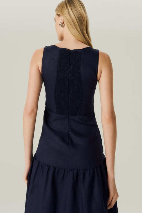 VESTIDO LINHO EVASE MARINHO