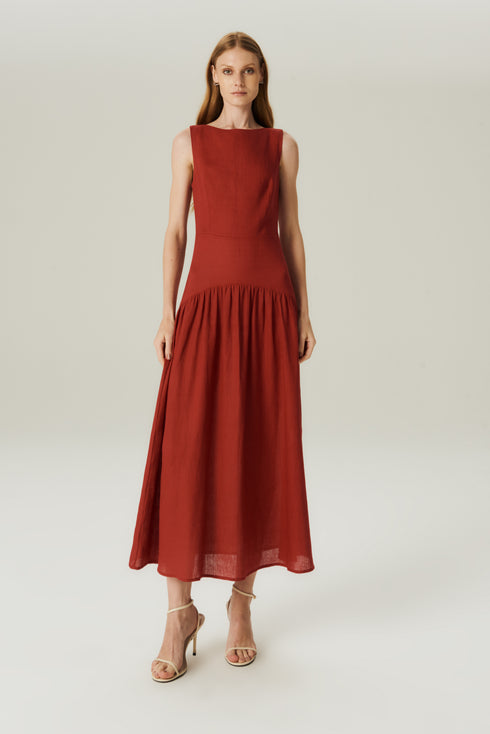 VESTIDO LINHO EVASE VINHO