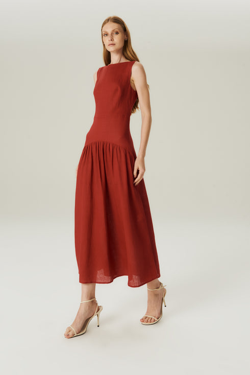 VESTIDO LINHO EVASE VINHO