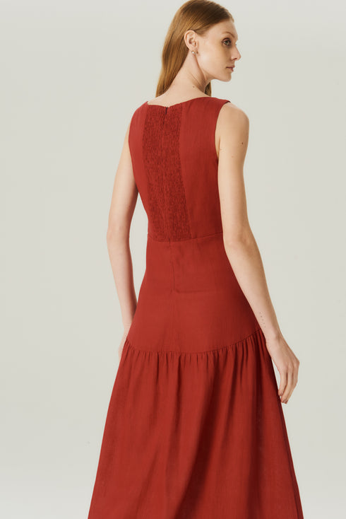 VESTIDO LINHO EVASE VINHO