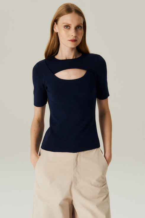 BLUSA RECORTE CANELADA MARINHO
