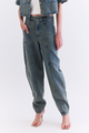 CALÇA JEANS RECORTES AZUL ESVERDEADO